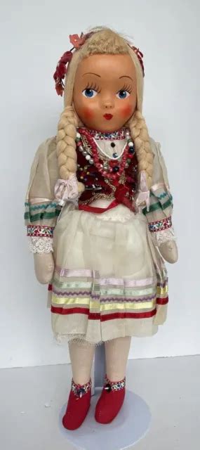 Vtg 1950s Cloth Sawdust Doll Celluloid Jointed Mask Hand Painted Face 17” Poland 34 99 Picclick