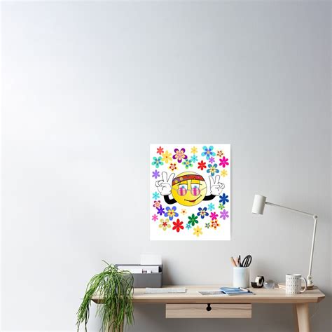 Peace Smiley Face Emoji And Flowers Retro Hippy Poster For Sale By Cturan Redbubble