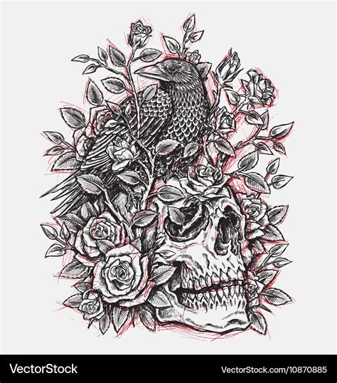 Sketchy Crow Roses And Skull Tattoo Design Linewo Vector Image