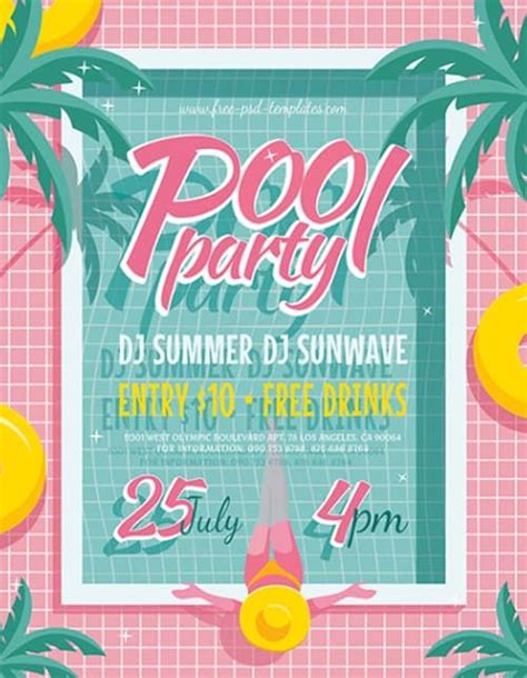 A Pool Party Flyer With Palm Trees And Swimming Floats On The Water In