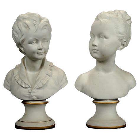 Pair Of Limoges Parian And Blu Porcelain Busts Of Young Children