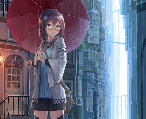 Wallpaper Anime Girl Umbrella Meganekko Fantasy World Raining