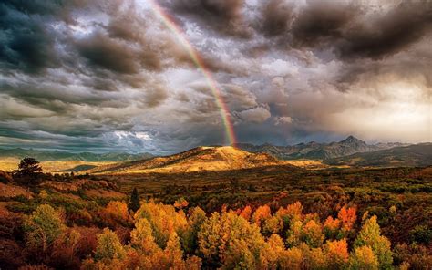 Rainbow Over Autumn Landscape Hd Wallpaper Background