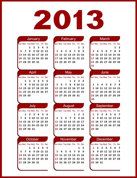 Free 2013 Printable Calendar Full Year Calendario 2013 Todo Año Para