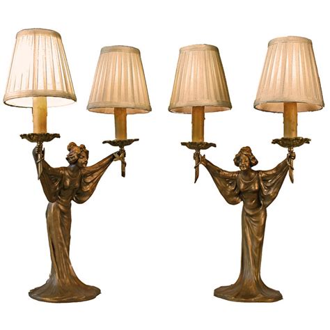 Art Nouveau Lost Wax Cast Bronze Lady Candelabra Lamp Art Deco Decor