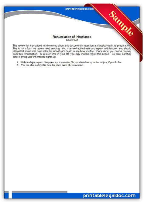 Free Printable Renunciation Of Inheritance Form Generic