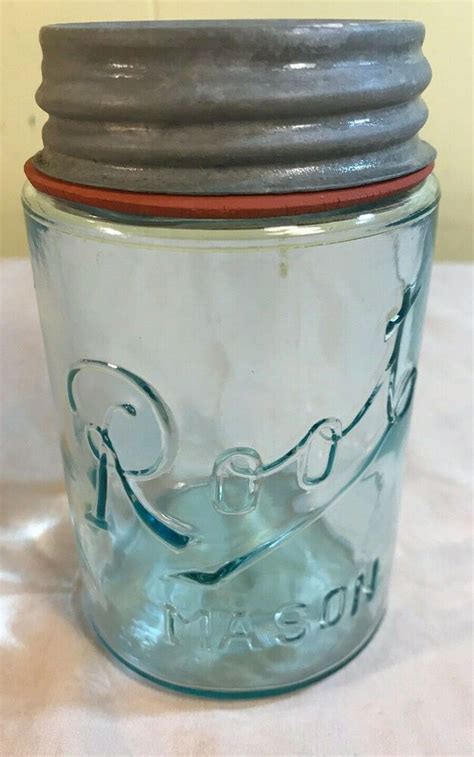 Vintage Root Mason Blue Pint Jar Ball Zinc Lid And Rubber Seal Pint