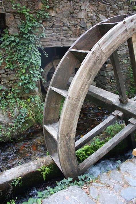 Watermill Wooden Water Wheel Mill Stone Bricks Wall Water Flows From