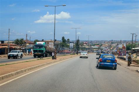 Crowded African Road With Local Ghana People In Kumasi City Editorial