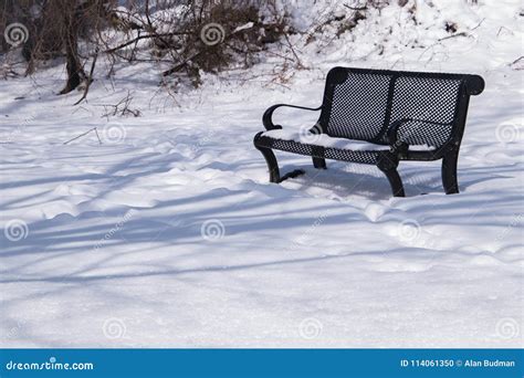 Beautiful Snow Covered Winter Scene With Bench Stock Photo Image Of