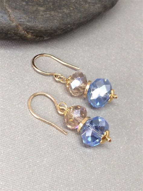 Czech Crystal Drop Earrings Blue And Tan Crystal Earrings Etsy Gold