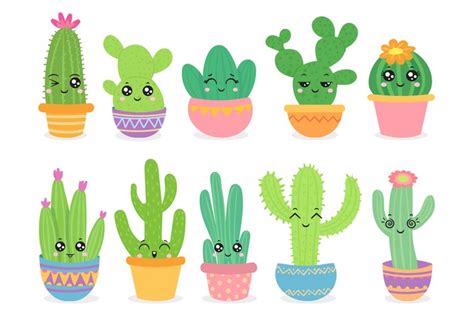 Cartoon Cactus Cute Succulent Or Cacti Plant With Happy Fun