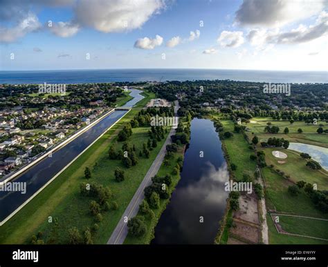 Aerial View Of Lake Pontchartrain From New Orleans City Park Stock