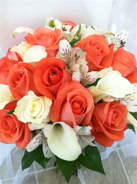 Coral And White Bridal Bouquet With Coral And White Roses