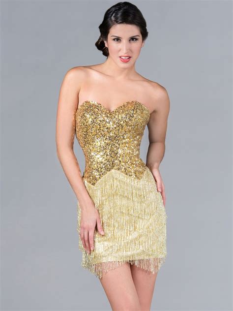 Vintage Inspired Gold Cocktail Dress Cocktail Dresses Fringe Skirt