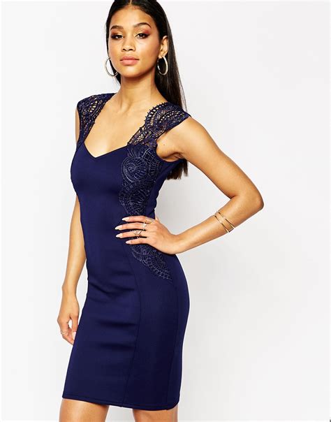 lipsy bodycon dress with lace applique shoulder navy in blue lyst