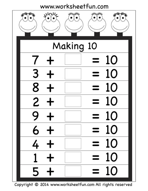Addition To 10 Worksheet Kindergarten