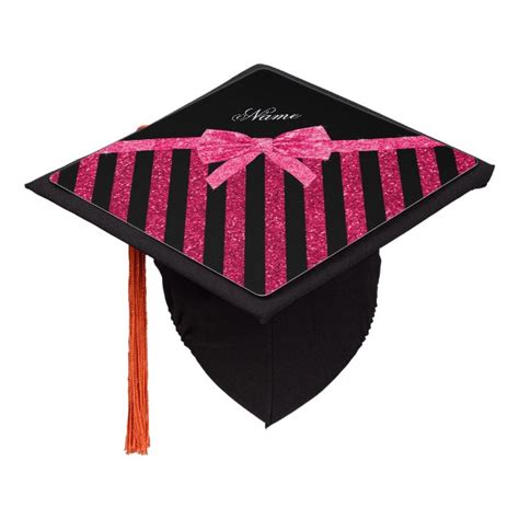 Custom Name Pink Glitter Stripes Glitter Bow Graduation Cap Topper
