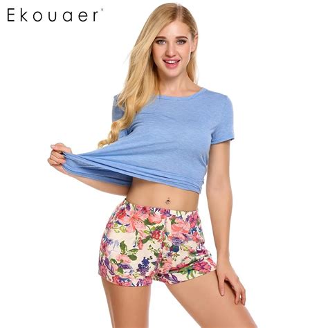 Buy Ekouaer Floral Pajama Sets Women Sleepwear Solid O Neck Short Sleeve Solid