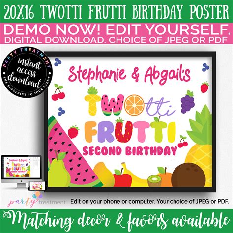 Twotti Frutti Birthday Poster Twotti Frutti Welcome Sign Party Treatment
