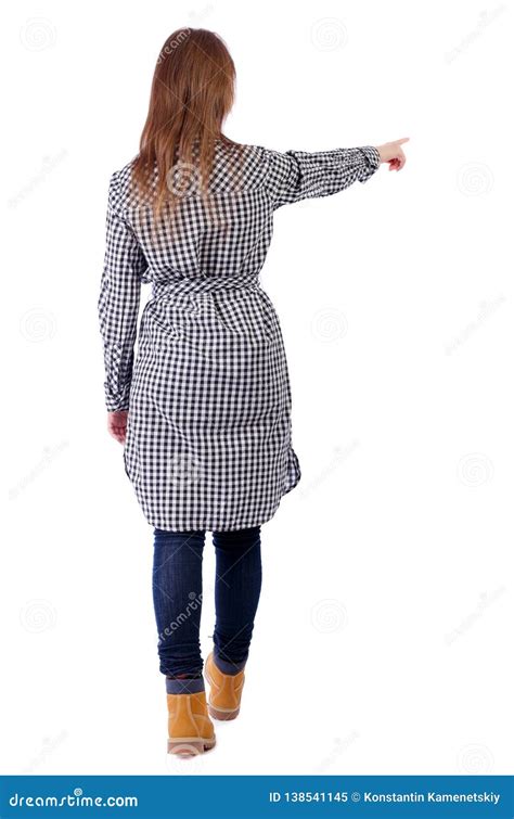 Back View Of Walking Woman Beautiful Girl Pointing Stock Image Image