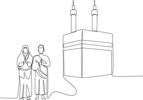 Continuous One Line Drawing Hajj Pilgrims Greeting In Front Of Kaaba