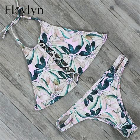 Floylyn 2018 New Lace Up Front Bikini Set Sexy Crop Top Swimwear