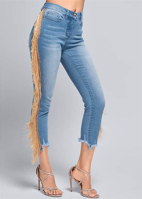 Cropped Fringe Trim Jeans In Denim Blue Denim Venus