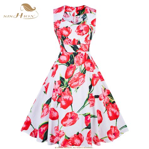 Sishion Women Vintage Dress Sleeveless Floral Print White And Red Swing Rockabilly Summer