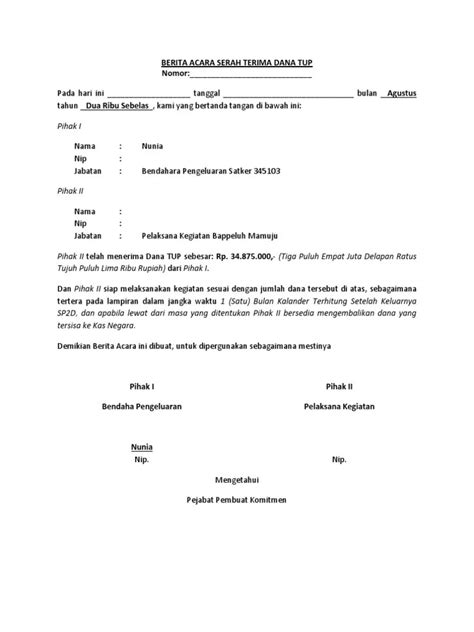 Contoh Surat Pengembalian Dana Bos Doc Contoh Format Surat Perjanjian