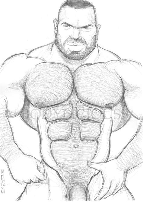 Oso Musculoso Arte Gay Dibujo Original Retrato Masculino Cuerpo Desnudo Hombre Con Barba
