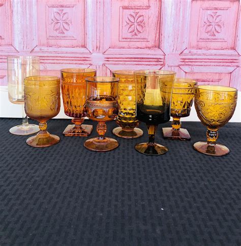 8 Mismatched Water Goblets Mismatched Amber Glasses Vintage Etsy Glassware Vintage