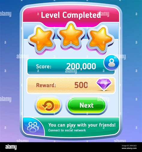 Interface Game Design Level Completed Screen With Stars And Buttons