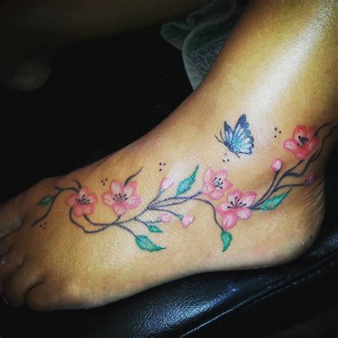 Colourful Girly Foot Tattoo Butterflies Flowers And Vines Foot