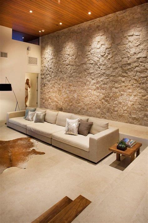 Stone Wall Dining Room Wall Decor Ideas Beige Sofa Wooden Side Table