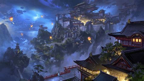 Anime Sky Lantern Mountain Japanese Castle Night