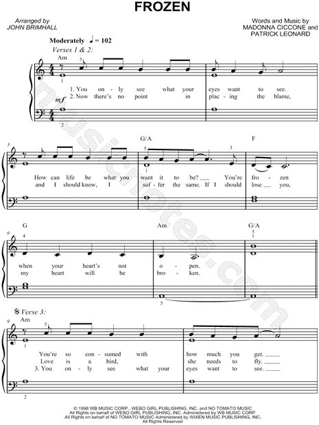 Madonna Frozen Sheet Music Easy Piano In A Minor Download And Print