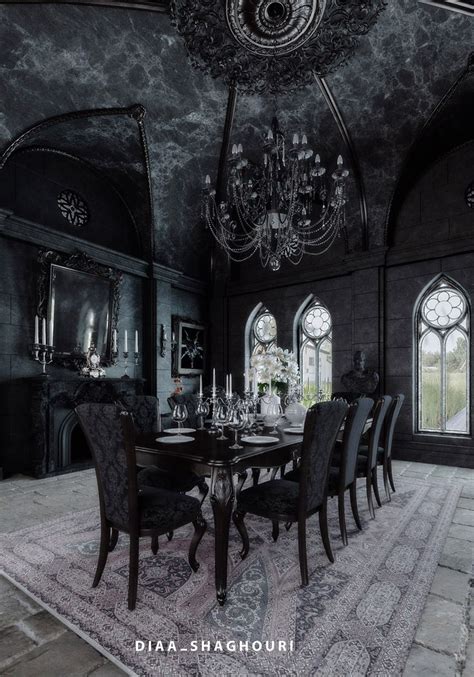 Gothic Black Dining Room Designed And Rendered By Diaa Shaghouri