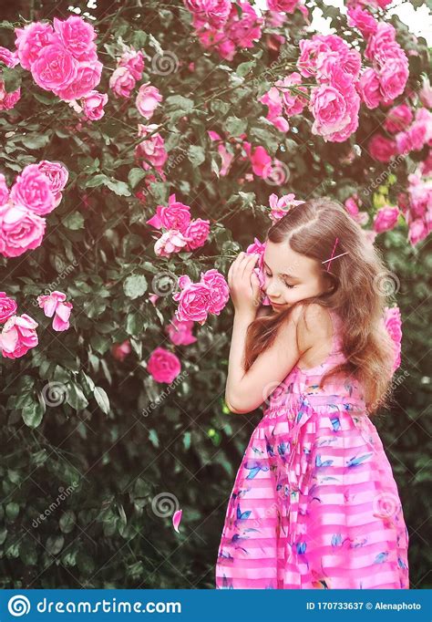 Beautiful Little Girl With Roses Outdoors Stock Image Image Of