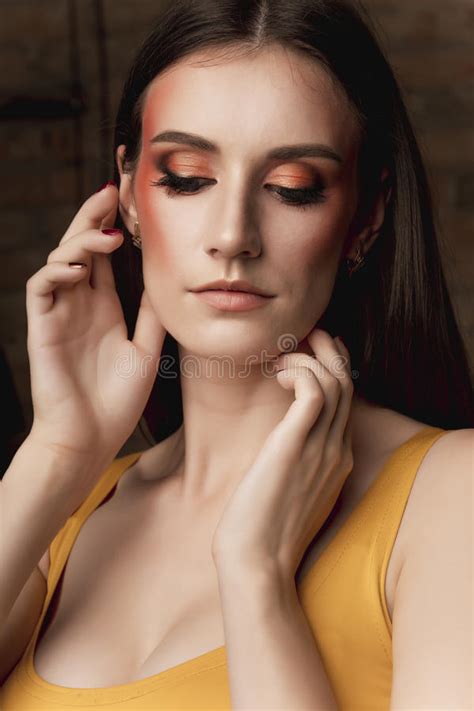 Fashion Portrait Of Pretty Brunette Model With Bright Makeup Stock