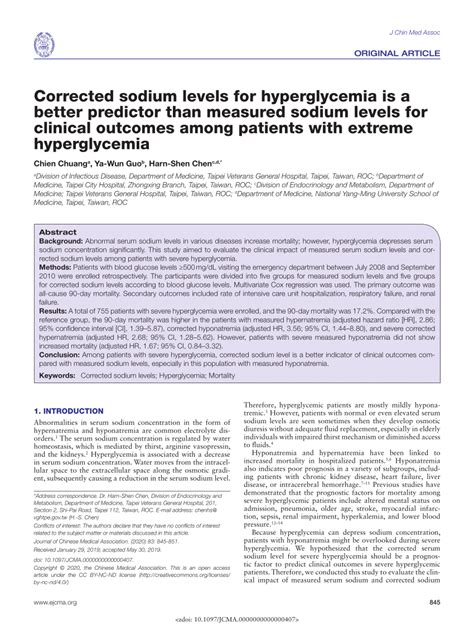 Pdf Corrected Sodium Levels For Hyperglycemia Is A Better Predictor