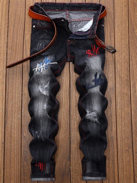 Straight Leg Distressed Embroidered Jeans Embroidered Jeans Mens Accessories Fashion Embroidered