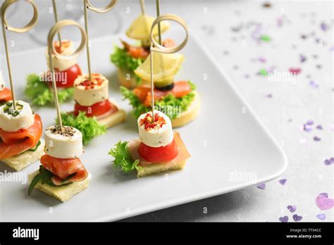 Assorted Canapes On Table Closeup Stock Photo Alamy