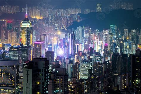 Abstract Futuristic Night Cityscape Hong Kong Aerial View Stock Photo