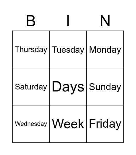 Days Of The Week Bingo Card