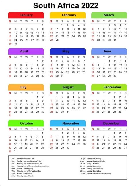 Free Printable South Africa 2022 Calendar With Holidays Pdf
