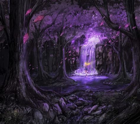 Wallpaper Purple Forest Scenic Fairy Anime Girl Waterfall Stream