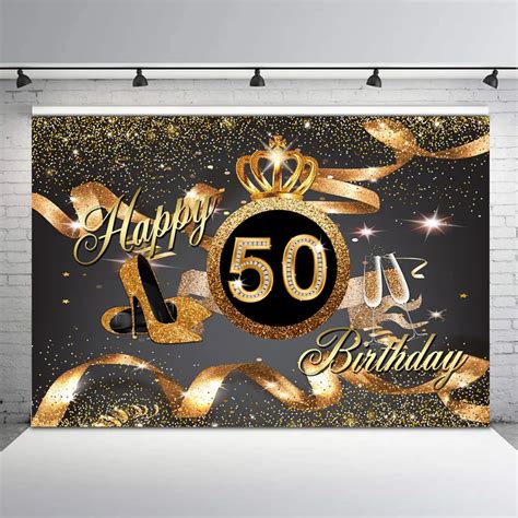 Happy 50th Birthday Backdrop Gold Glitter Ribbon High Heels Photo