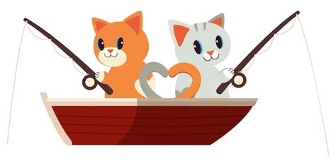 Premium Vector The Cute Cats Fishing On The Red Both