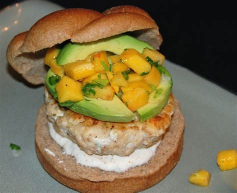 Halibut Burgers With Chipotle Cream And Peach Salsa Flying On Jess Fuel